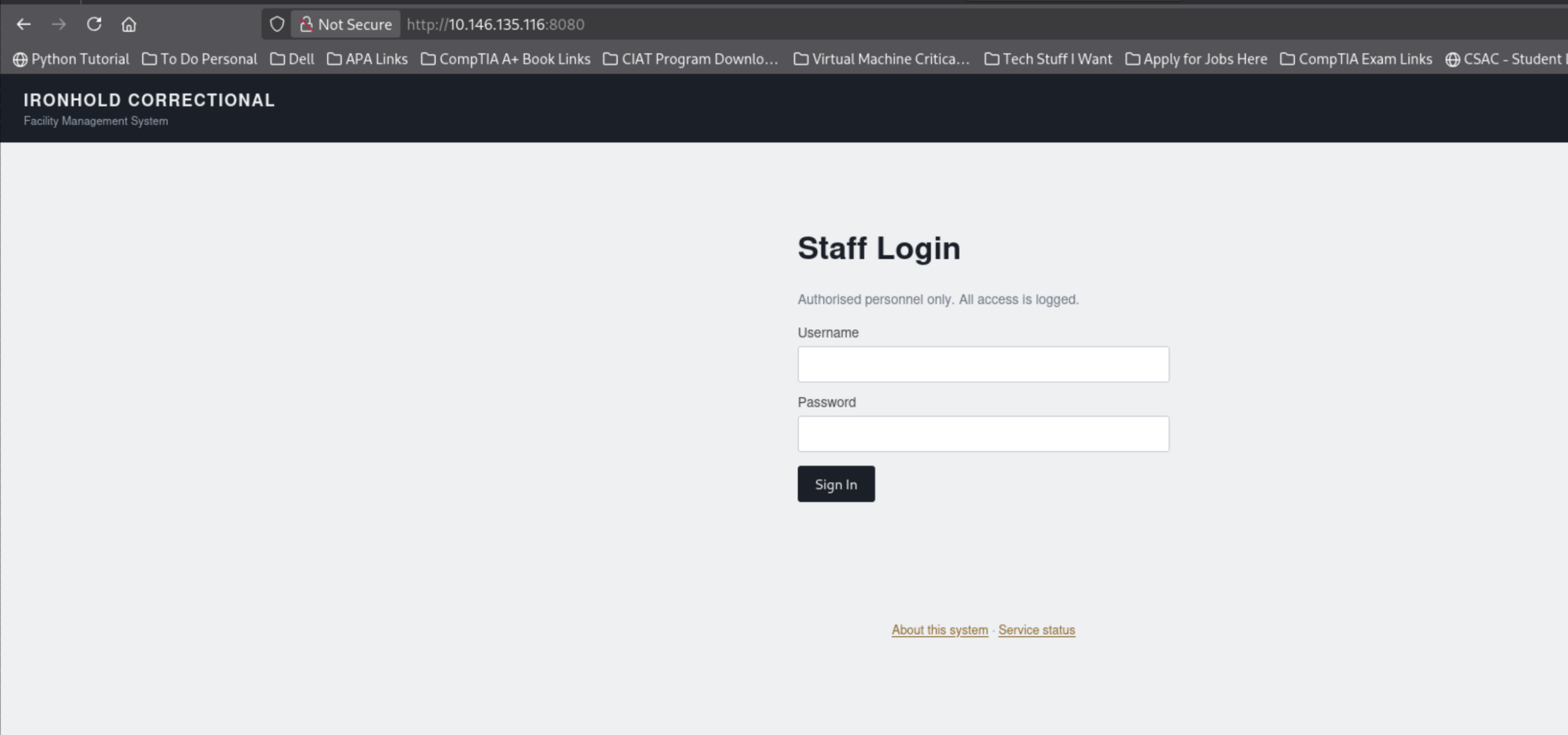 IronHold staff login page in the browser on port 8080